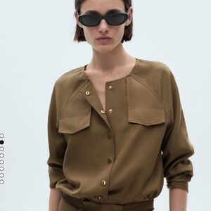 Mango  Khaki Lyocell Snap Jacket with Pockets